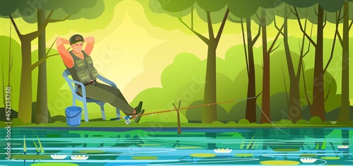 Fisherman fishing. He sits comfortably and happily on a chair in the shade of trees. Nice view of the river bank with water lilies. Summer landscape. Illustration vector