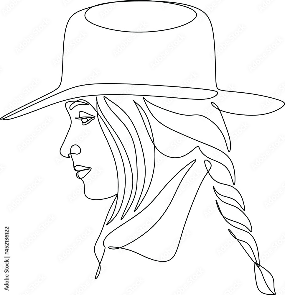One continuous single drawn line art doodle girl, cowboy, hat, female,  western, country, portrait, cowgirl, hair, american, young . Isolated image  hand drawn Stock Vector | Adobe Stock