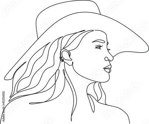 One continuous single drawn line art doodle girl, cowboy, hat, female, western, country, portrait, cowgirl, hair, american, young . Isolated image hand drawn
