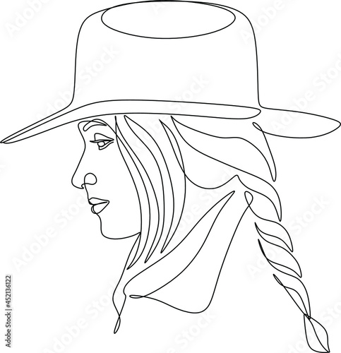 One continuous single drawn line art doodle girl, cowboy, hat, female, western, country, portrait, cowgirl, hair, american, young . Isolated image hand drawn
