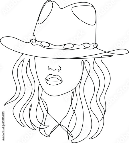 One continuous single drawn line art doodle girl, cowboy, hat, female, western, country, portrait, cowgirl, hair, american, young . Isolated image hand drawn
