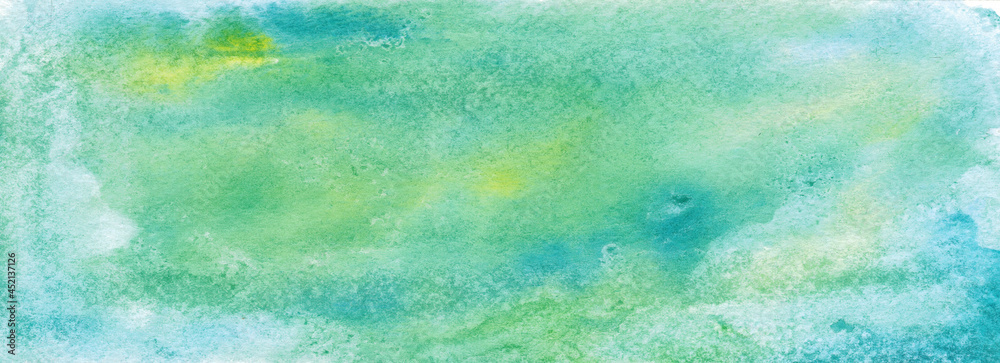 Green blue yellow watercolor. Abstract colorful art background with copy space for design. Wide banner. Website header.