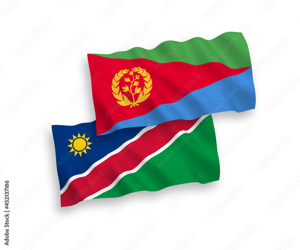 Naklejka premium National vector fabric wave flags of Eritrea and Republic of Namibia isolated on white background. 1 to 2 proportion.