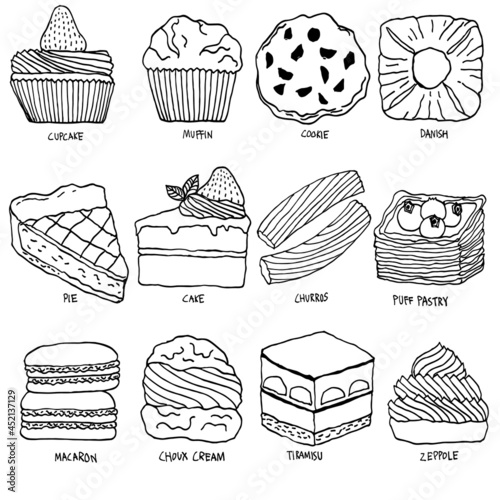 Hand drawn collection of sweet and bakery food set on white background. Vector illustration in doodle art style