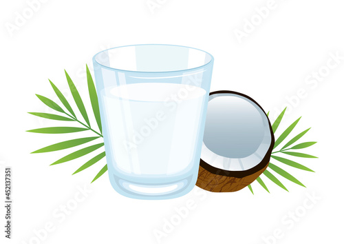Glass of coconut milk icon vector. Coconut milk icon isolated on a white background. Glass of coconut water and fresh coconut half vector. Plant-based milk alternatives drawing
