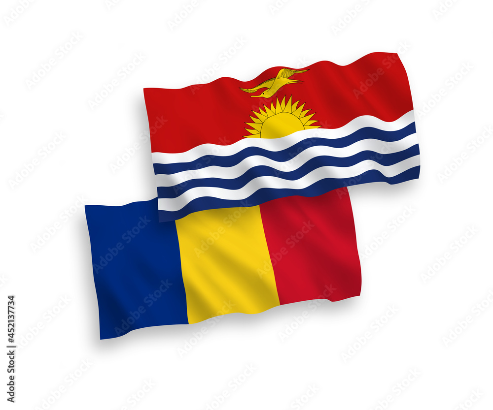 National vector fabric wave flags of Romania and Republic of Kiribati isolated on white background. 1 to 2 proportion. National vector fabric wave flags of Romania and Republic of Kiribati isolated on white background. 1 to 2 proportion.