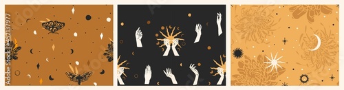 Hand drawn vector abstract flat stock graphic illustration seamless pattern collection set with magic astrology celestial golden moon phases,flowers and stars,contemporary mystic and collage shapes.