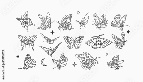 Hand drawn vector abstract stock flat graphic illustrations collection set bundle with logo elements,bohemian magic line art of mystic flying butterfly and moth,feminine simple style for branding