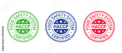 HACCP certified grunge stamp. Food safety system round emblem. Hazard analysis and Critical Control Points seal imprint. Quality warranty icon isolated on white background. Vector illustration. photo