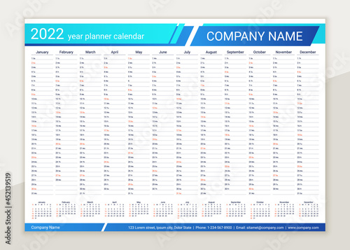 2022 year calendar planner. Desk calender template. Vector. Annual daily organizer. Week starts Sunday. Schedule page. Agenda diary with 12 months in English. Business illustration in simple design.