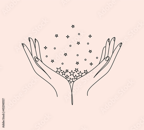 Mysterious lady with moon in her hair. Vector hand drawn illustration in boho style
