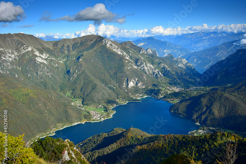 Lago di Ledro and its surrounding mountains. Fantastic view from Monte Corno. Trentino, Italy.