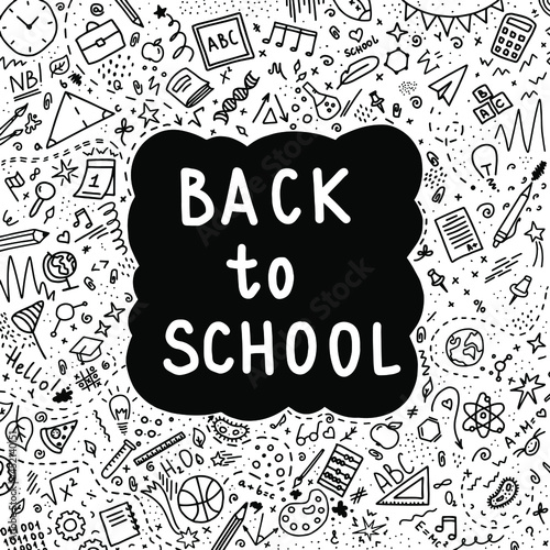 Back to school doodles around black cloud on transparent background