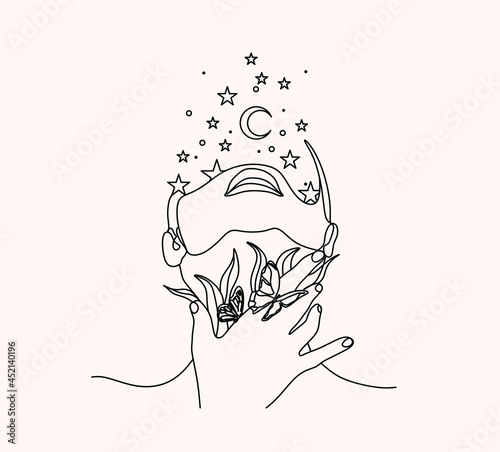 Mysterious lady with moon in her hair. Vector hand drawn illustration in boho style
