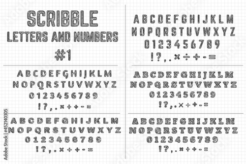 Scribble letters and numbers. Five sets of decorative letters of alphabets and punctuation marks. Stylized English alphabets.
