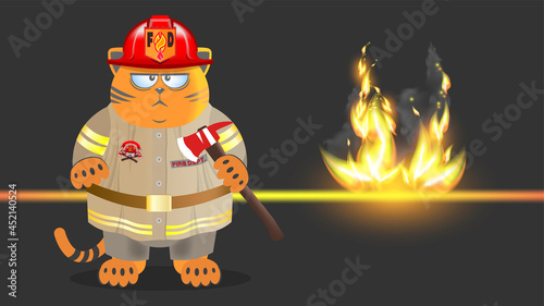 Cartoon serious fat red displeased cat firefighter with a red ax and uniform against a background of bright flames photo