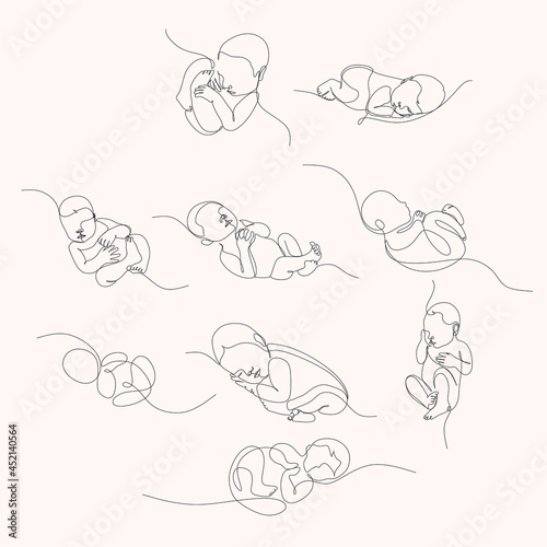One line drawing illustration of a baby. VectorAbstract minimalist line drawing of small cute baby sleeping