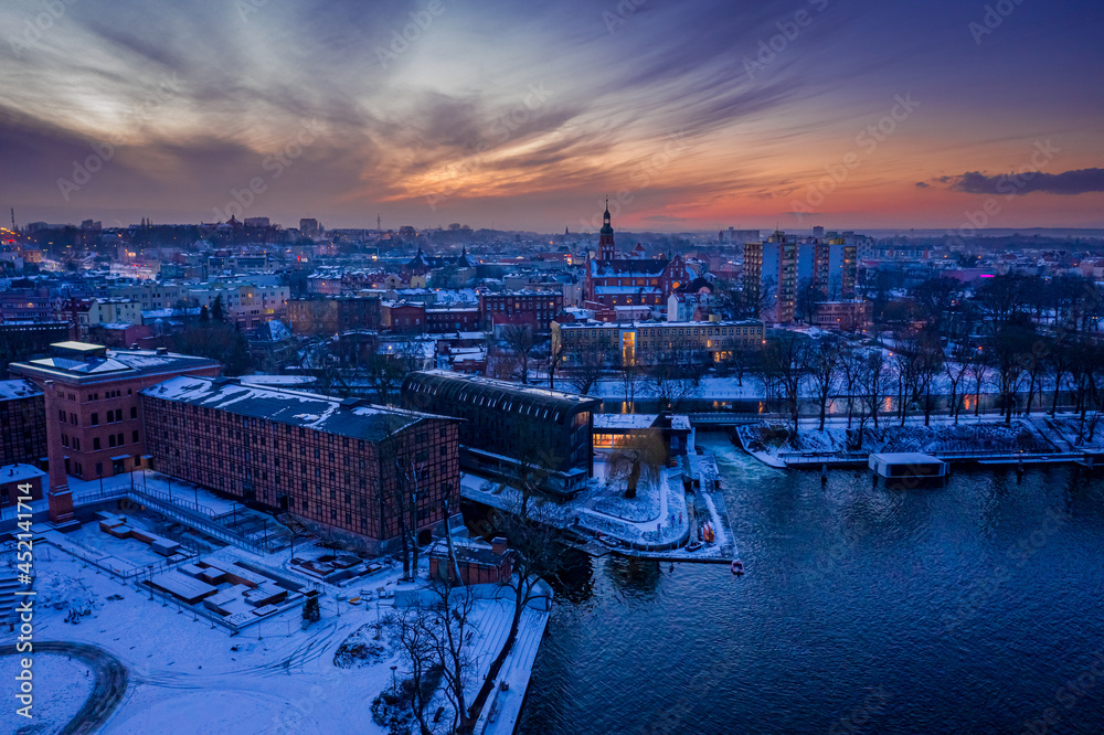 Aerial view of Bydgoszcz and Brda at dusk in winter