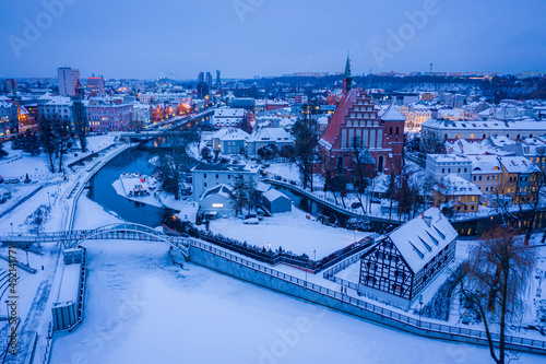 Opera in Bydgoszcz after sunset. Aerial view of winter, Poland.