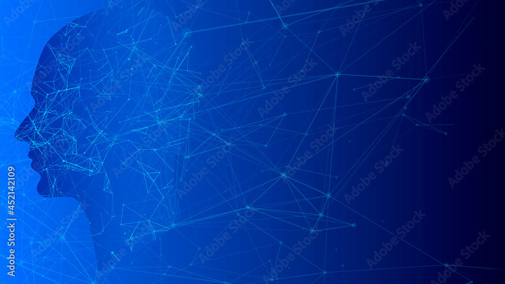 Artificial intelligence. Concept of digital neural networks. Modern technology blue background. Face of cyber mind. Big data flow, analysis information. Vector illustration.Responsive web banner