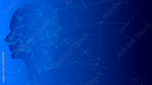 Artificial intelligence. Concept of digital neural networks. Modern technology blue background. Face of cyber mind. Big data flow, analysis information. Vector illustration.Responsive web banner