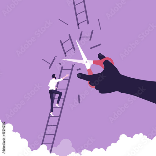 Determined businessman climbing ladder while hand cutting the way, Eliminate the Business rival concept