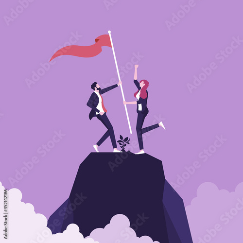 Businessman and woman winning and celebrating victory together with raised flag, Gender equality in the workplace and business concept