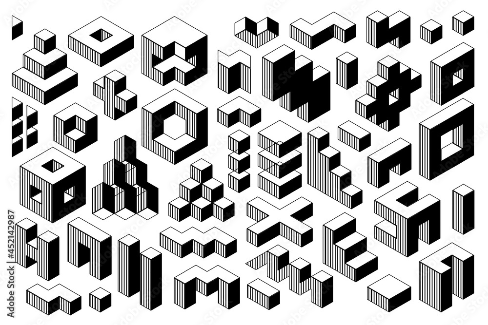 Abstract black and white geometric shapes. Memphis set from isometric geometrical figures and forms. Group of decorative isometric memphis shapes isolated on white background.