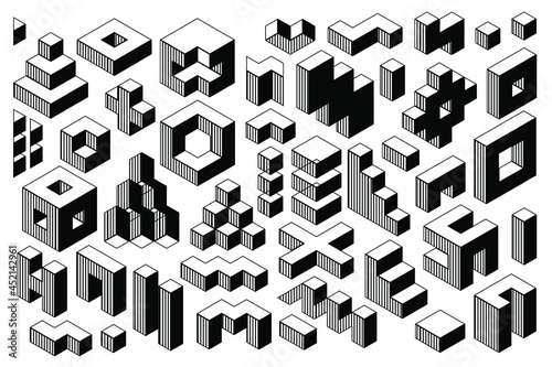 Abstract black and white geometric vector shapes. Memphis set from isometric geometrical figures and forms. Group of decorative isometric memphis shapes isolated on white background.