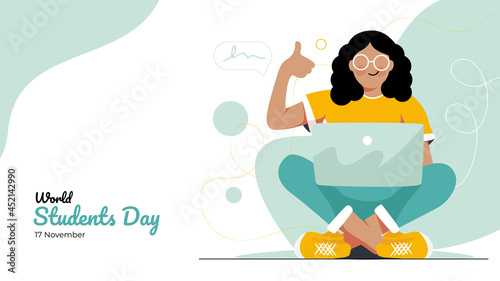 Student girl sitting with laptop, World students day concept