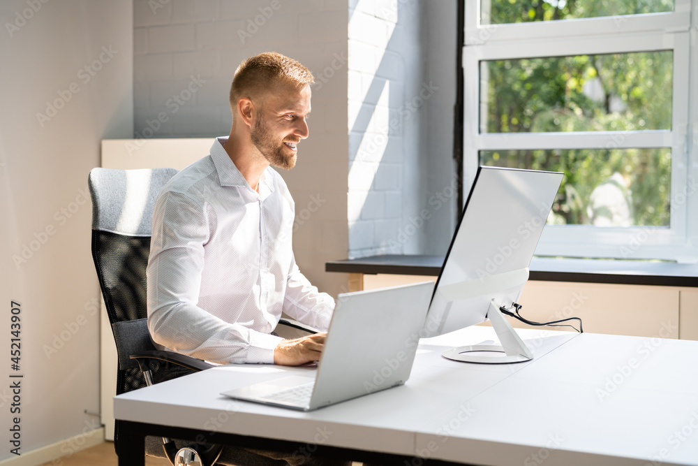 Virtual Training Business Call On Computer. Businessman Virtual Training Business Call On Computer. Businessman