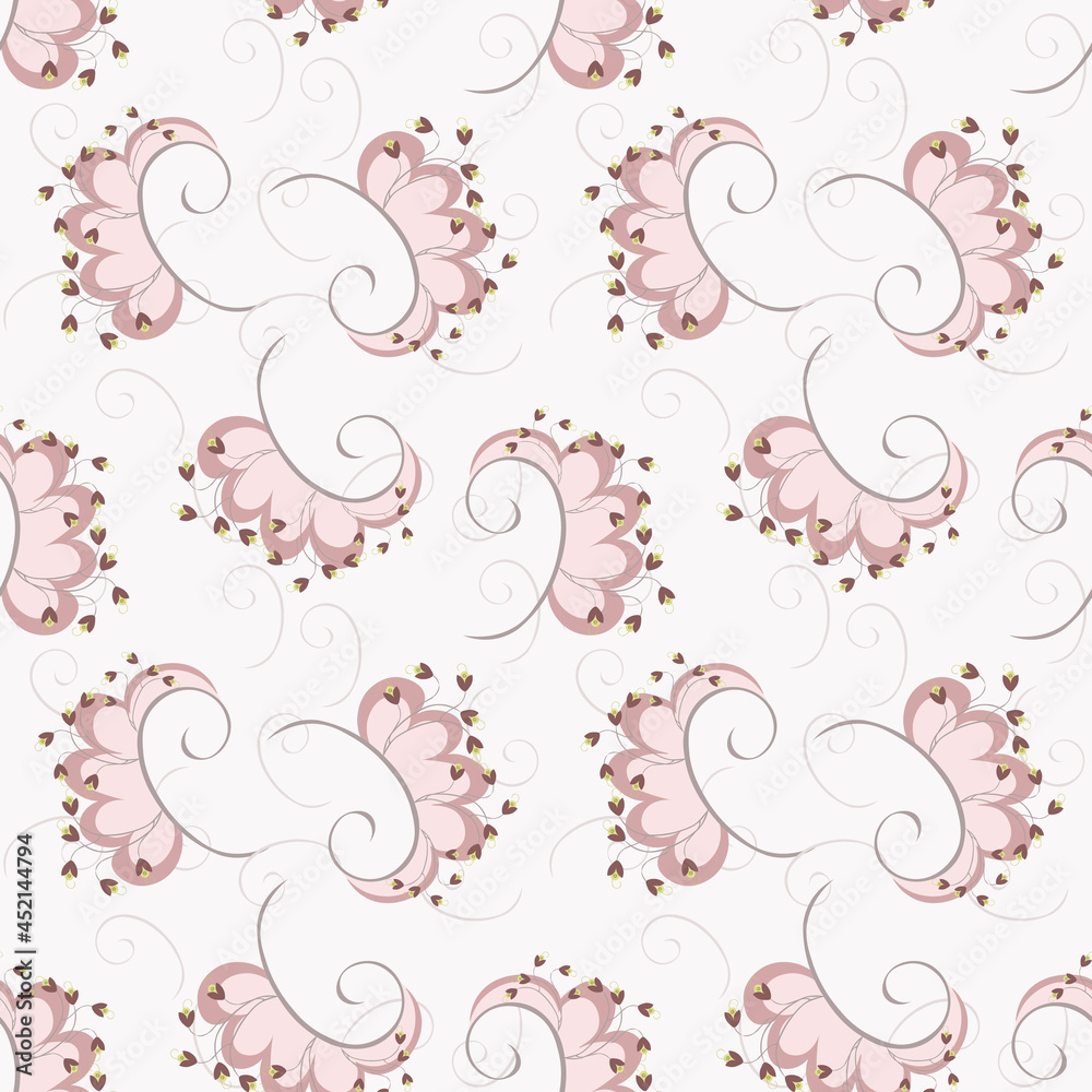 Seamless vector pattern, creative leaves with small flowers. Gray, pink, yellow, burgundy on a white background. Fashionable design suitable for textile prints, banners, wallpapers, packaging