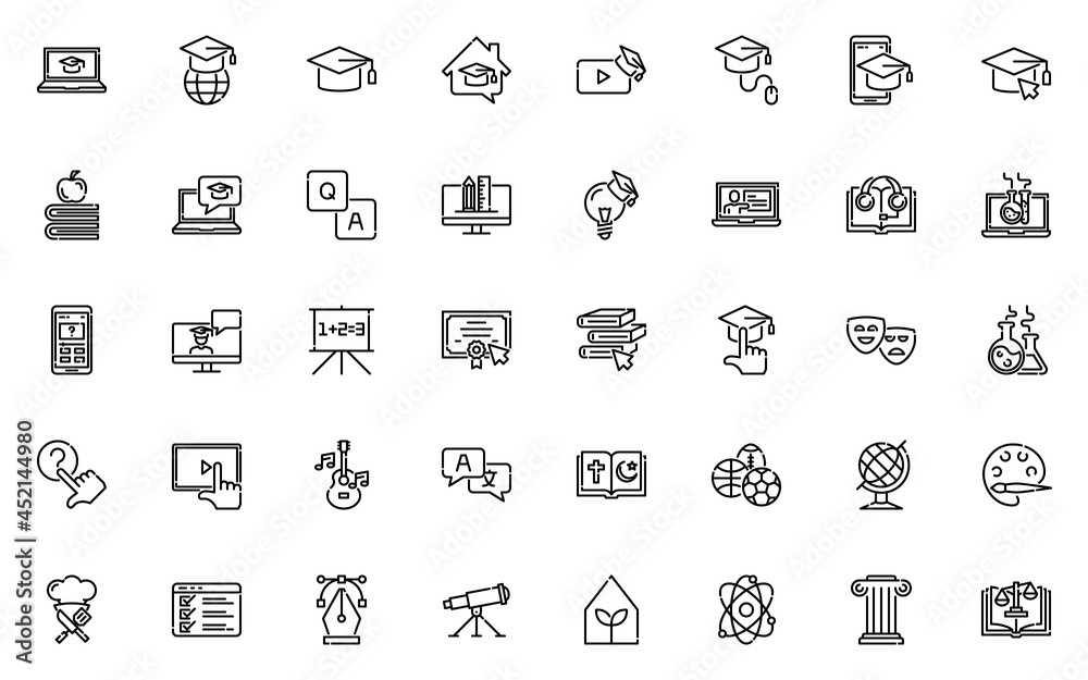set of online education thin line icons, online class,