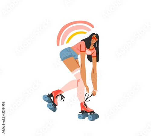 Hand drawn vector abstract flat stock modern graphic illustration character design of young summer happy retro vintage hippie girl roller skating,70s vintage print concept,retro vector people design.
