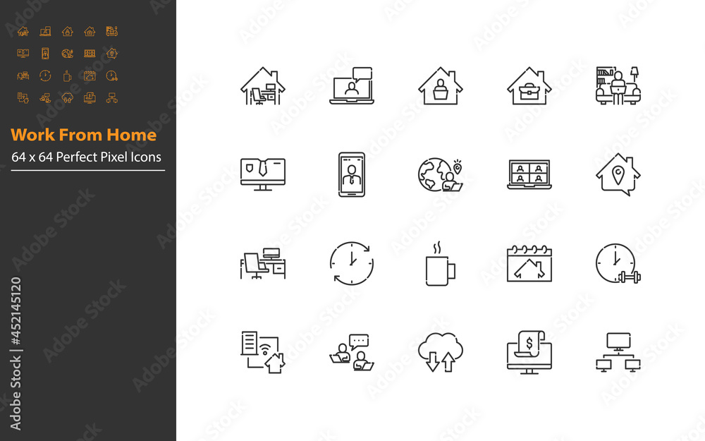 set of work from home thin line icon, video conference,  online meeting, freelance