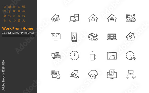 set of work from home thin line icon, video conference, online meeting, freelance