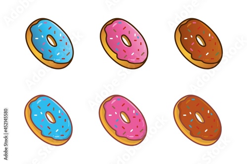 Flying pink, chocolate, and blue donut with chocolate sprinkle flat vector set template 