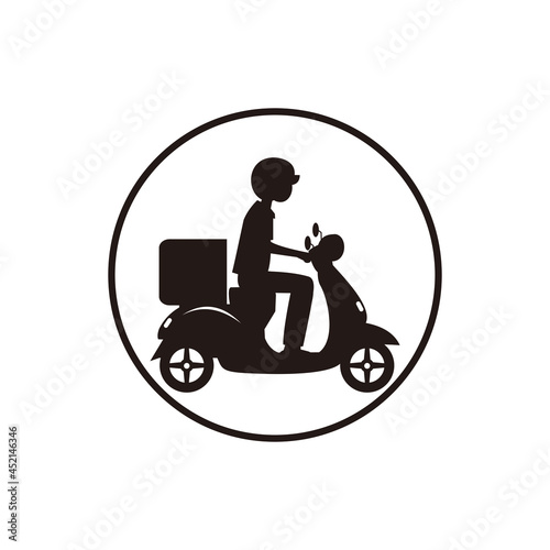 Delivery man riding a black scooter illustration. Food delivery man vector