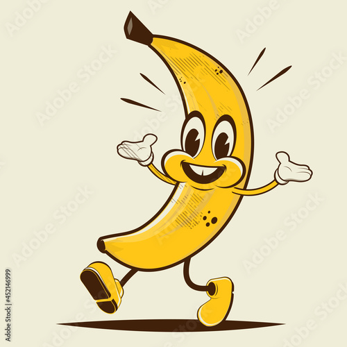 funny cartoon illustration of a walking banana in retro style
