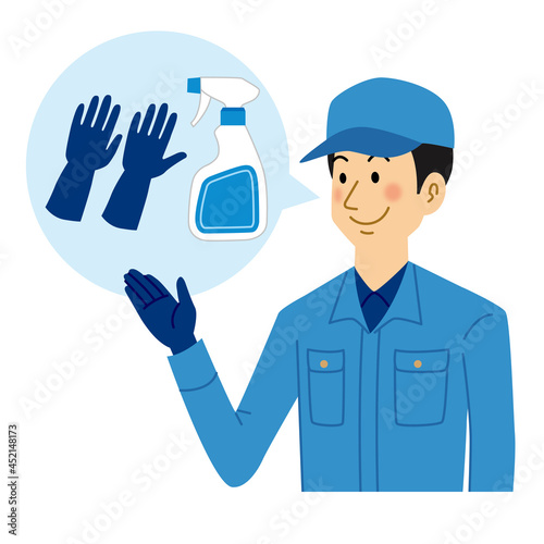 手袋と洗剤を紹介する清掃業の男性