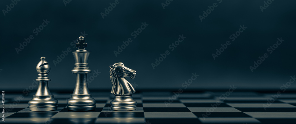 Close-up King chess Bishop and Knight standing teamwork on chess board concepts of business team and leadership strategy and organization risk management or team player. - obrazy, fototapety, plakaty 