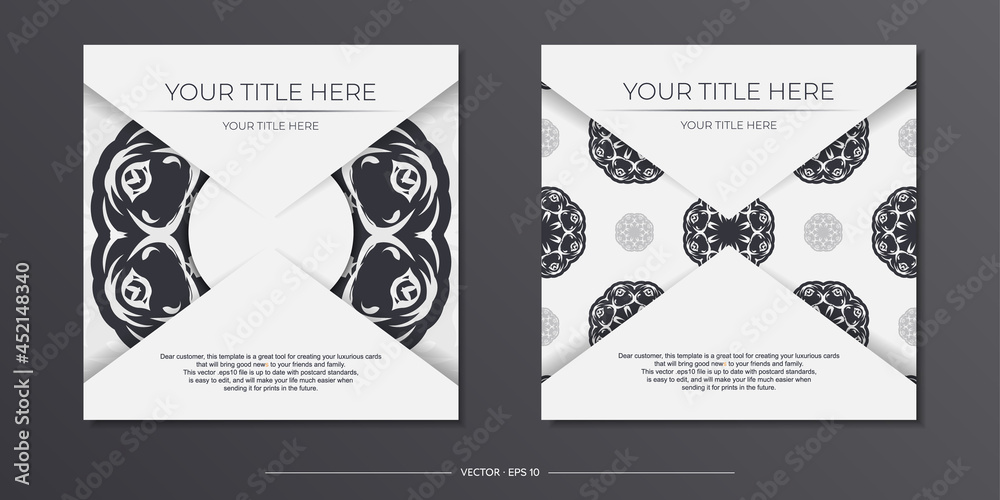 Stylish Ready-to-print white postcard design with vintage ornaments. Invitation card template with dewy patterns.