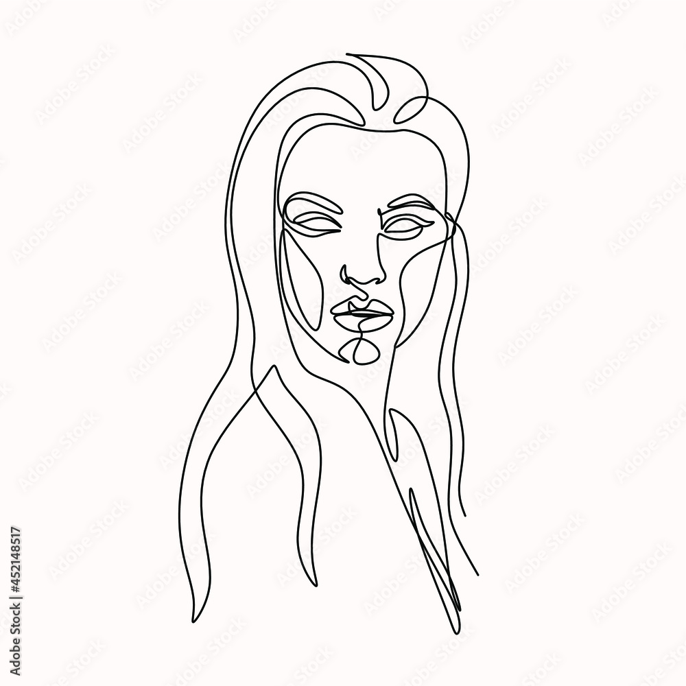 Woman face in single line art style. Continuous one line portrait. Continuous line art Woman face. Elegant minimalistic portrait for prints, tattoos, posters, textiles, postcards. Vector illustration Woman face in single line art style. Continuous one line portrait. Continuous line art Woman face. Elegant minimalistic portrait for prints, tattoos, posters, textiles, postcards. Vector illustration