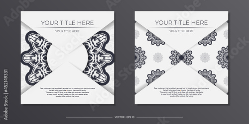 Stylish Ready-to-print white postcard design with vintage patterns. Vector Template of invitation card with dewy ornament.