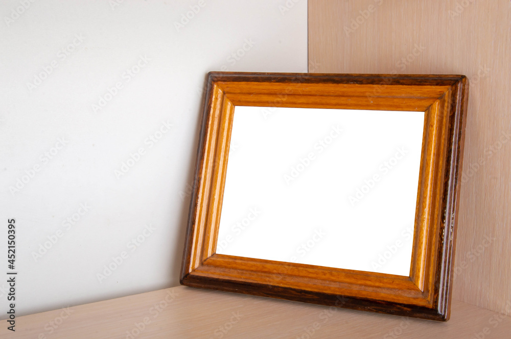 Blank mockup of photo frames on shelf in corner. Blank mockup of photo frames on shelf in corner.