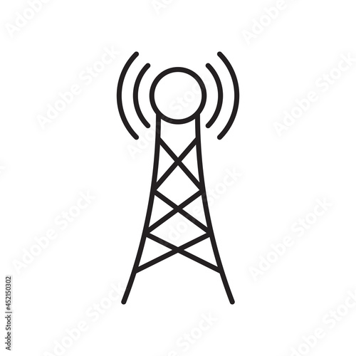 Transmitter tower icon, broadcast symbol, antenna sign, black line isolated on white background, vector illustration.