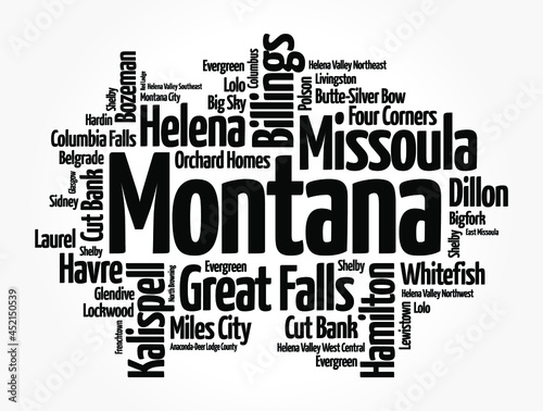 List of cities in Montana USA state, word cloud concept background photo