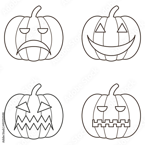 Black halloween logo set of pumpkin. Sticker pack of 4 jack o lanterns. Eps 10 vector halloween logo. Linear pumpkin icons for your cards, illustrations, projects, invitations. 