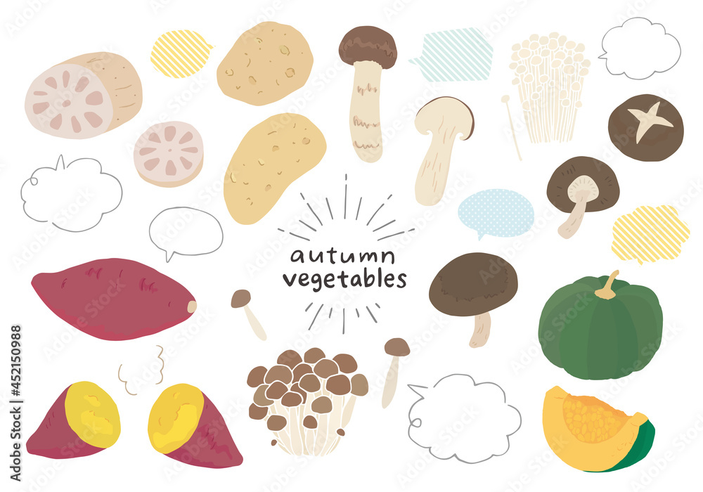 秋の野菜の手描きイラストセット カラー 輪郭線なし Stock Vector Adobe Stock