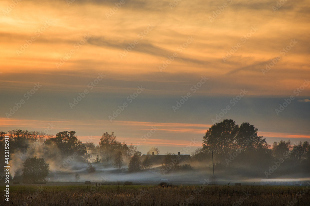 Scenic view of fog-covered trees and fields under a beautiful sunset sky